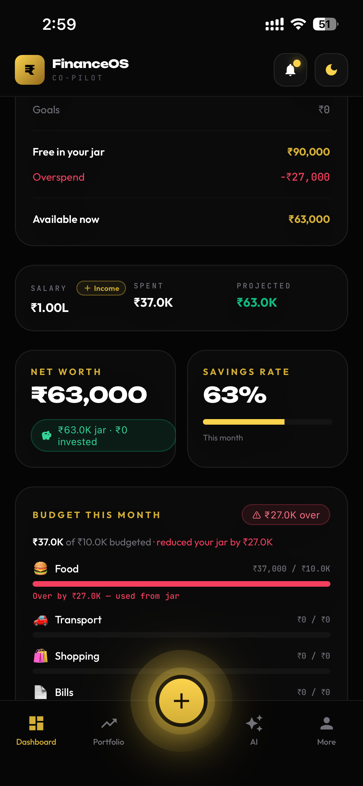 FinanceOS — Dashboard screen
